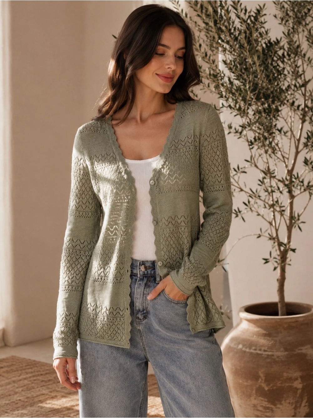 Frye Sage Green Pointelle Cardigan 100% Cotton Boho Cottagecore Large Coastal